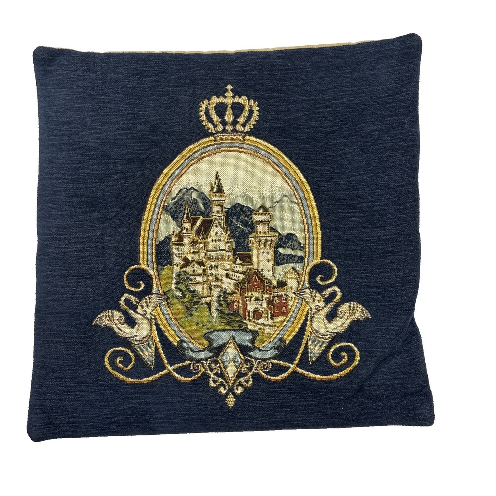Vtg Tapestry‎ Neuschwanstein Castle  Throw Pillow Cover Cushion 13x13 In